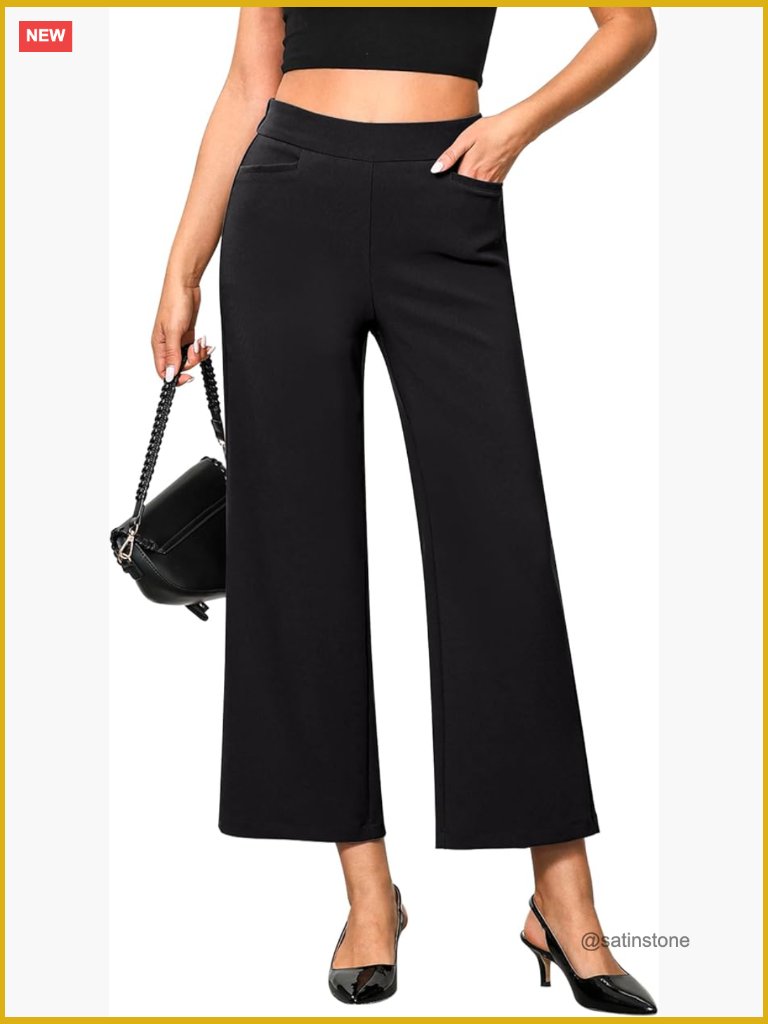 Polyester Elastane Cropped Wide Leg Pants High Waisted Pull On